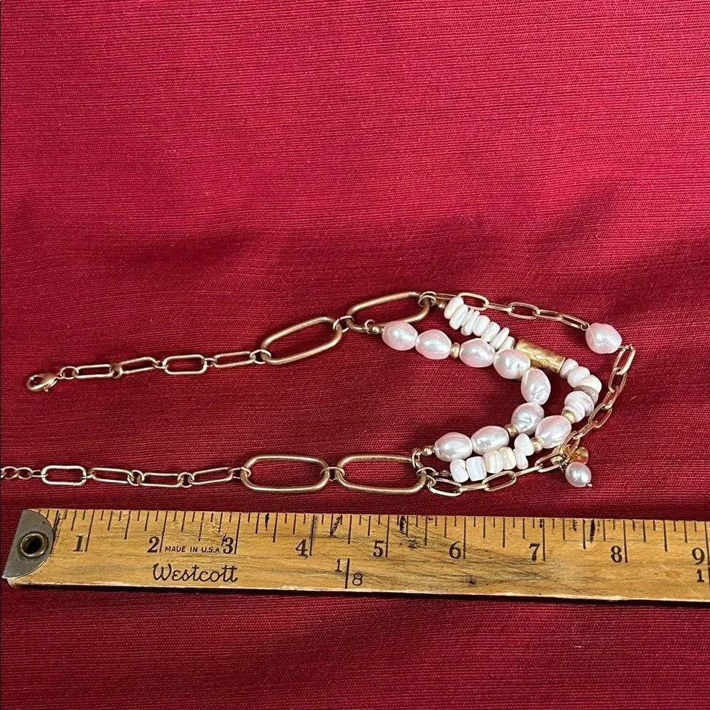 Gold Tone Paperclip 16” Chain Layered Pearls Beads Charms Boho Statement Choker